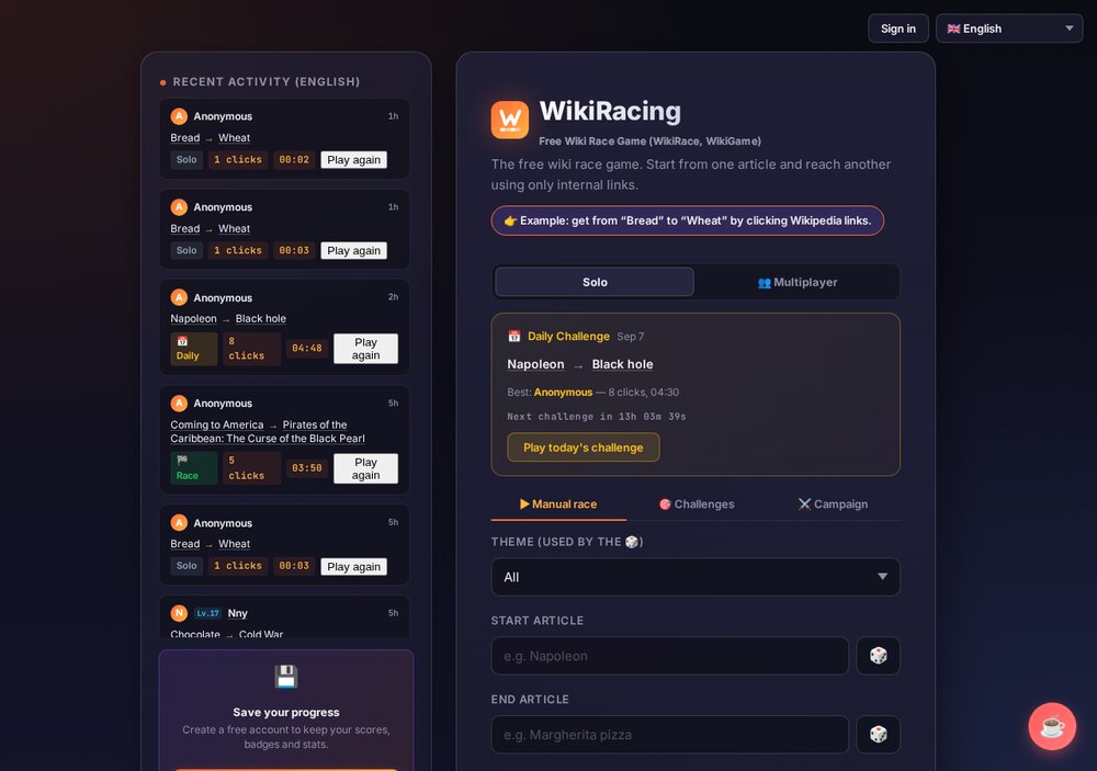 Screenshot of the WikiRacing home screen showing solo and multiplayer modes