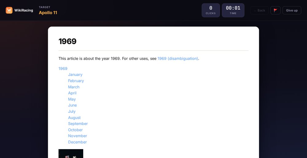 WikiRacing game screen showing the '1969' article with its twelve clickable months and event photos