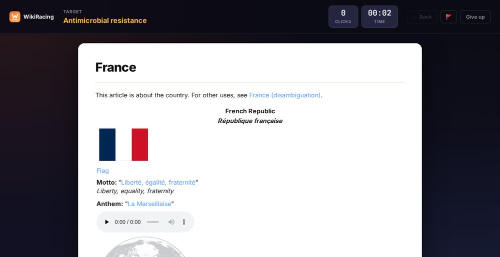 WikiRacing game screen showing the France article as a stepping stone toward the Antimicrobial resistance target