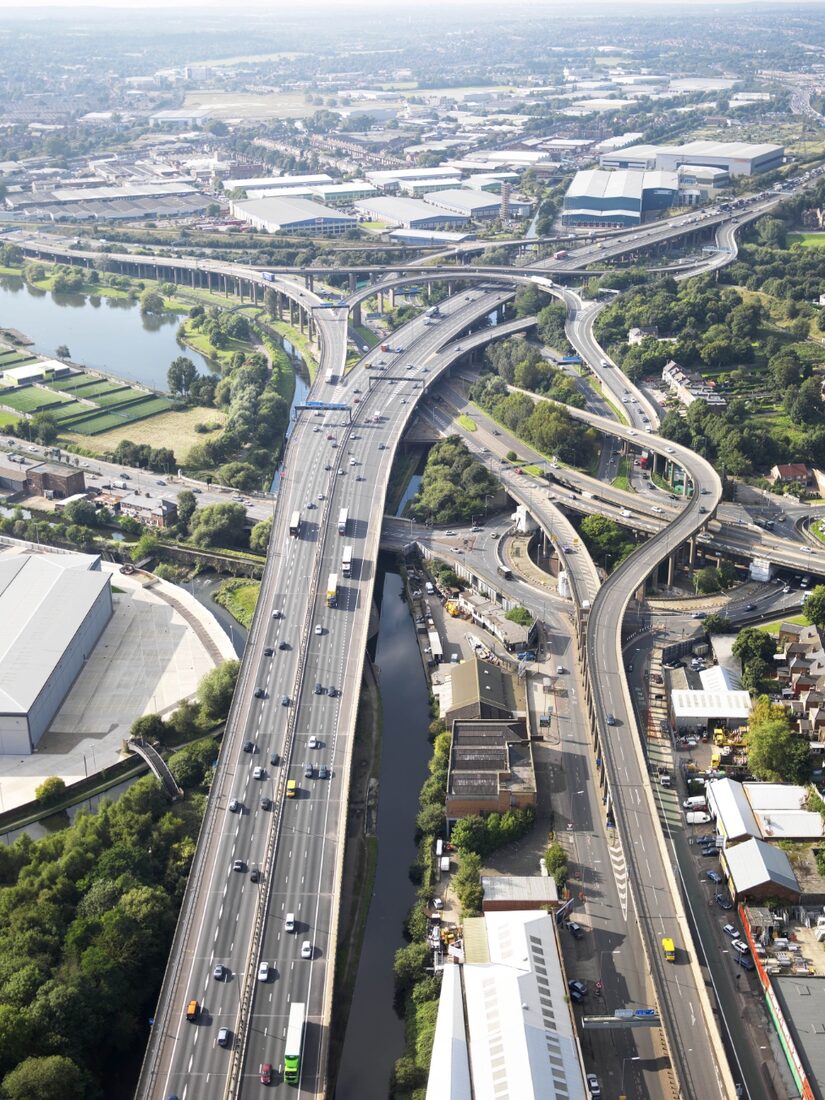 Aerial view of Spaghetti Junction, the Gravelly Hill motorway interchange near Birmingham, showing dozens of curving roads stacked over each other